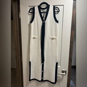 NWT English Factory White and Black Trim Dress with Gold Buttons and Tie XS